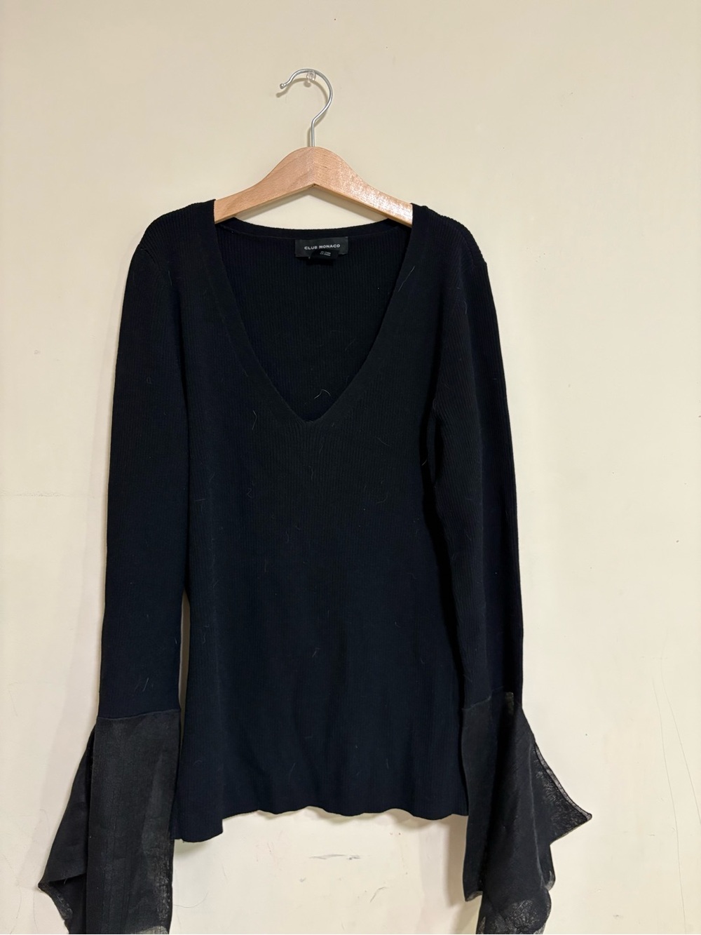 Club Monaco Black V-Neck Sweater with Dramatic Draped Cuffs